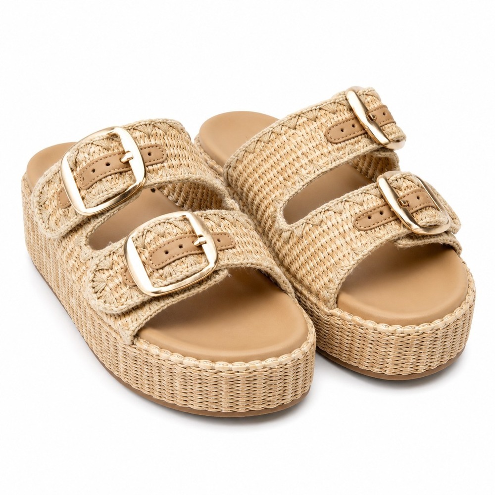 CUSHIONAIRE Panama Sandals Sz 9M Natural Raffia Woven Upper Platform Sole NWOB